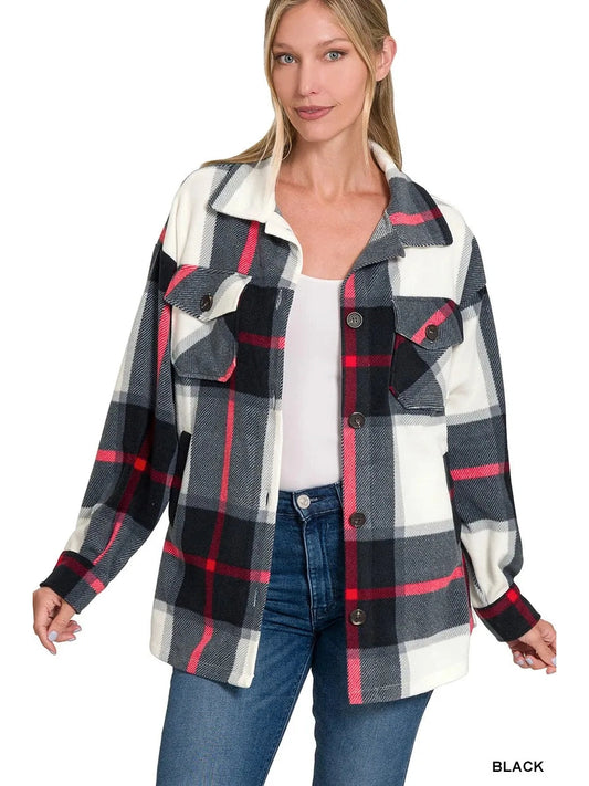 Zenana Oversized Plaid Fleece Shacket Trendsi