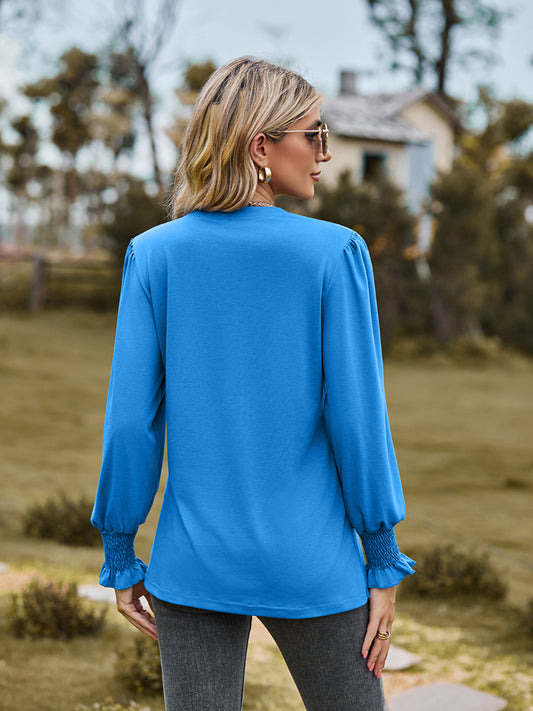 Notched Neck Flounce Sleeve Blouse nicholesgifts