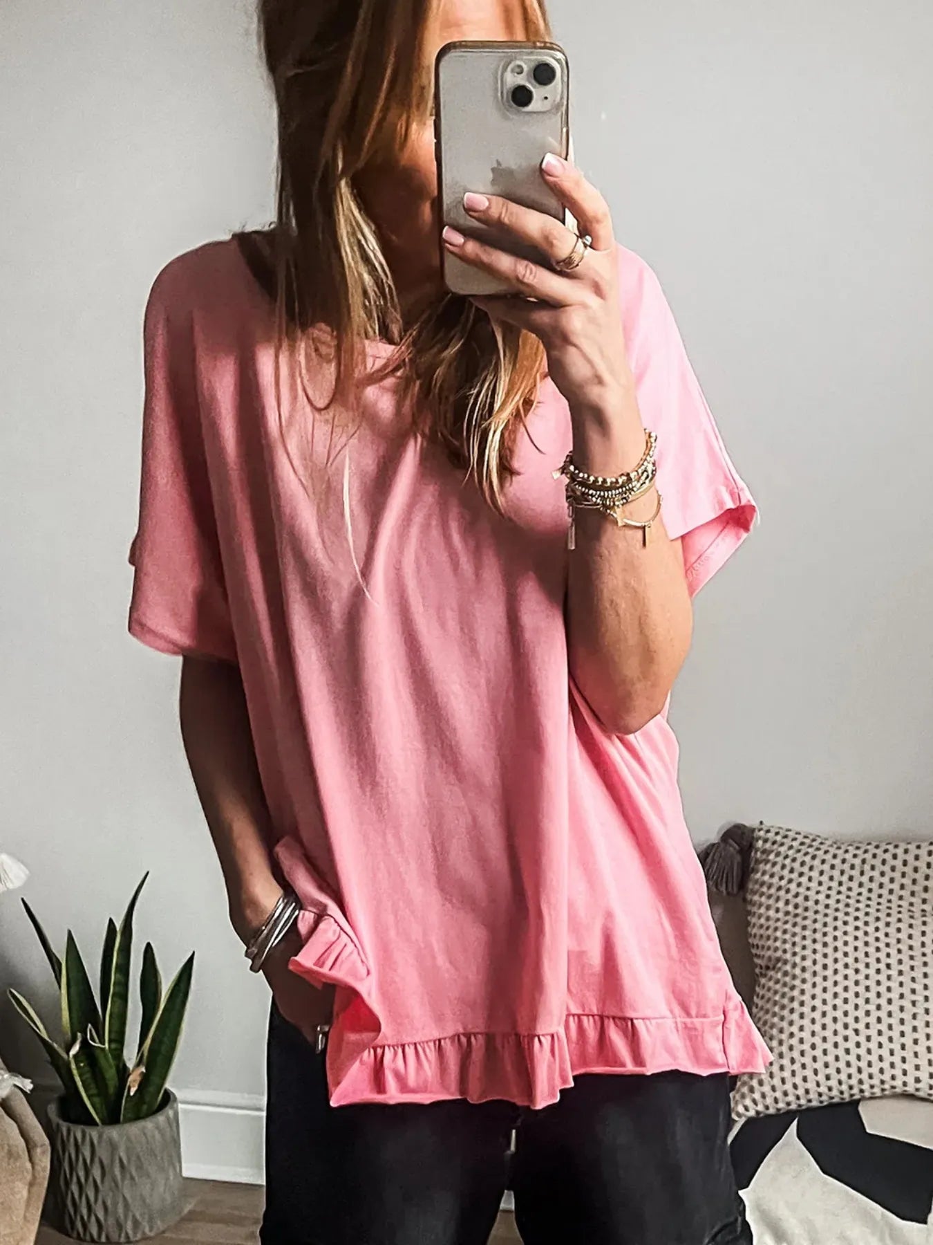 Ruffle Hem Round Neck Relaxed T-Shirt NicholesGifts