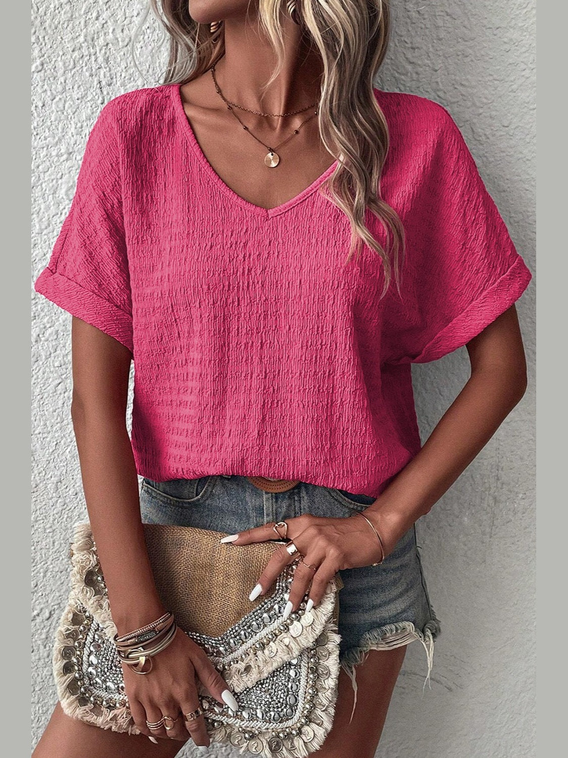 Women V-Neck Short Sleeve Pink Blouse