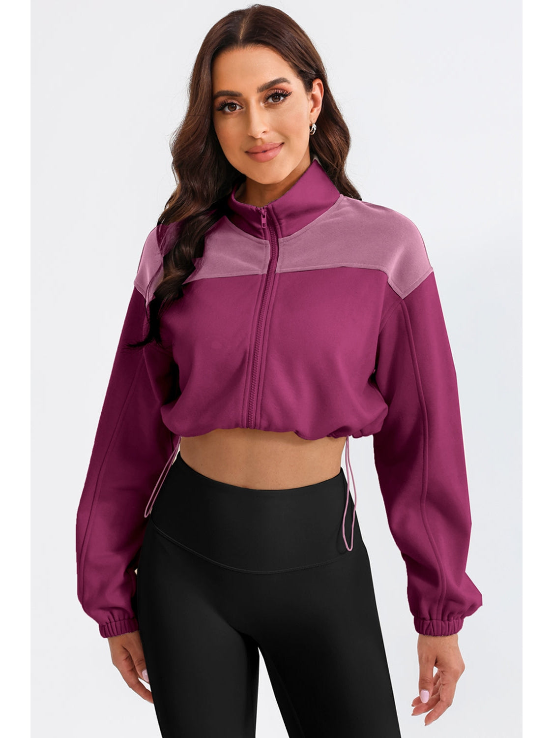 NicholesGifts Women Contrast Drawstring Zip Up Jacket NicholesGifts