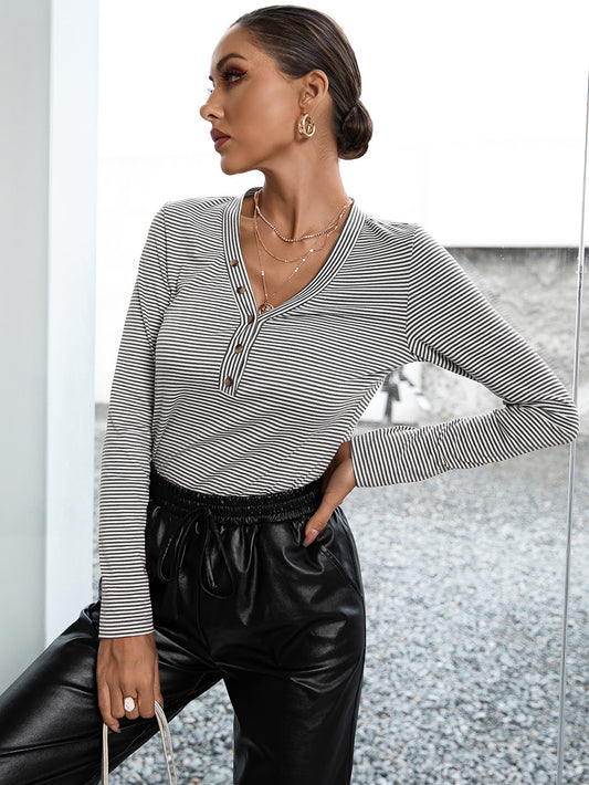 Ivy Lane Striped Buttoned V-Neck Long Sleeve Top nicholesgifts