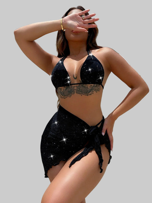 Women Glitter Halter Neck Backless Three-Piece Swim Set nicholesgifts