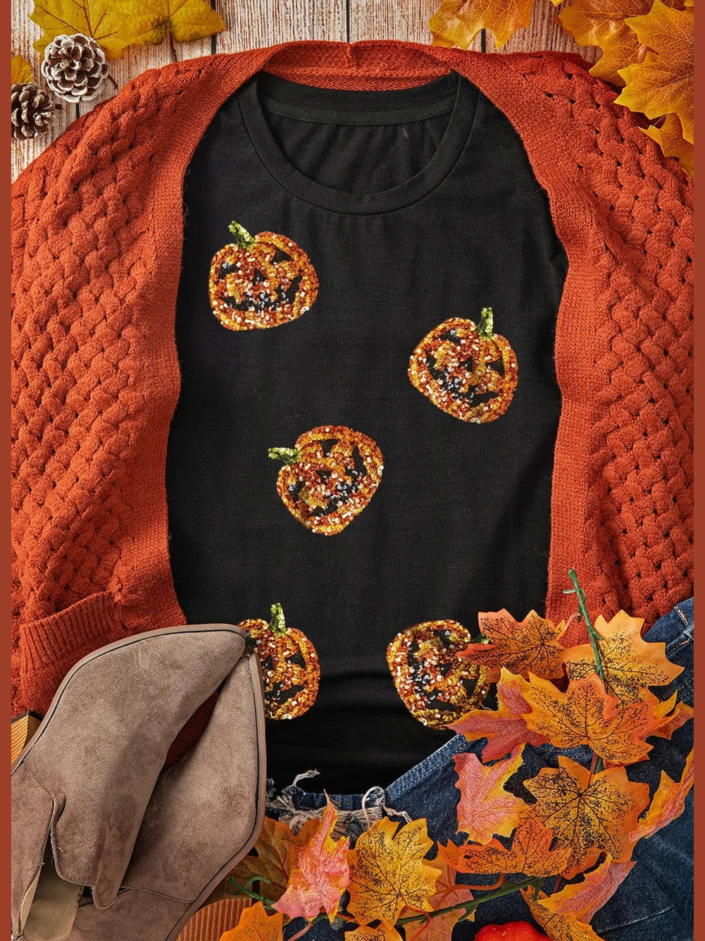 Sequin Pumpkin Round Neck Short Sleeve T-Shirt