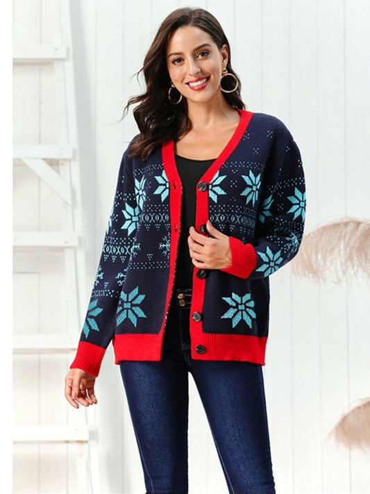 NicholesGifts Women Snowflake Pattern Button Down Cardigan NicholesGifts