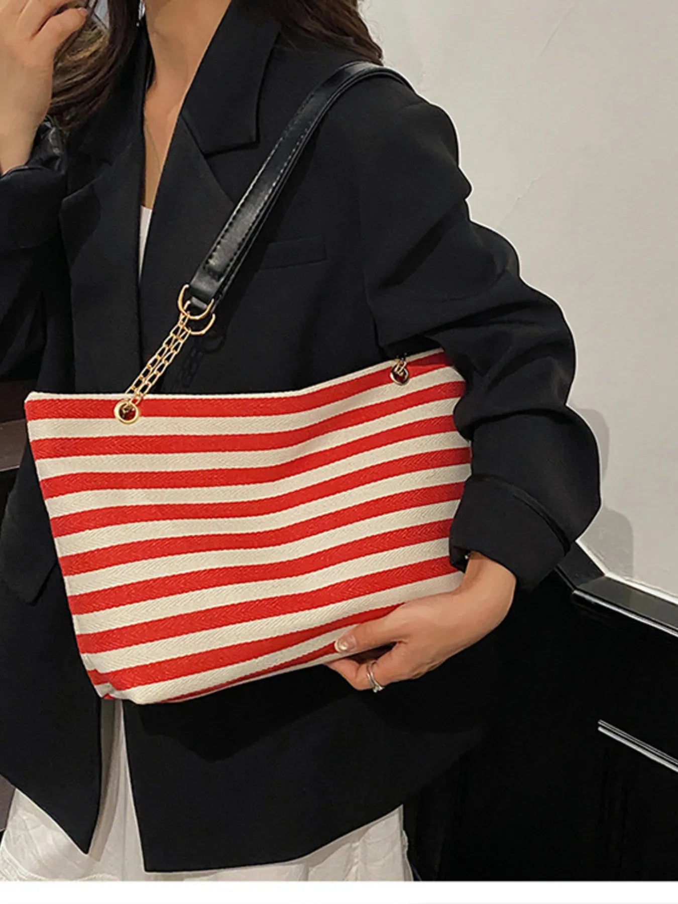 Striped Shoulder Bag with Chain Detail Trendsi