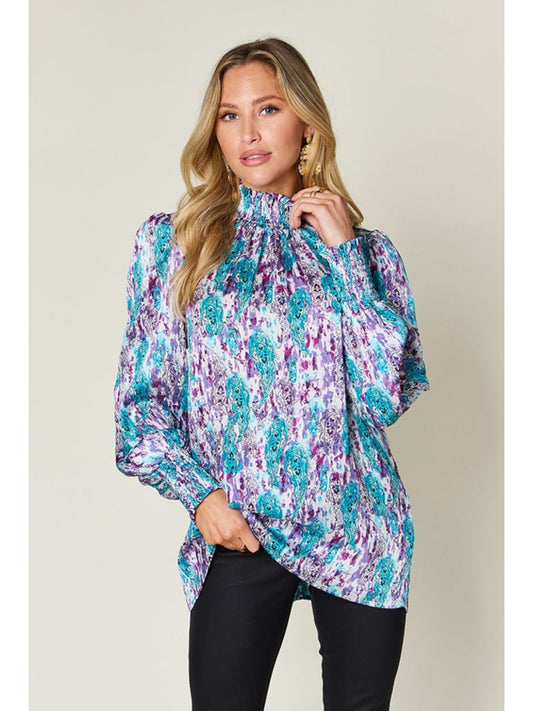 Women Double Take Full Size Printed Smocked Long Sleeve Blouse NicholesGifts