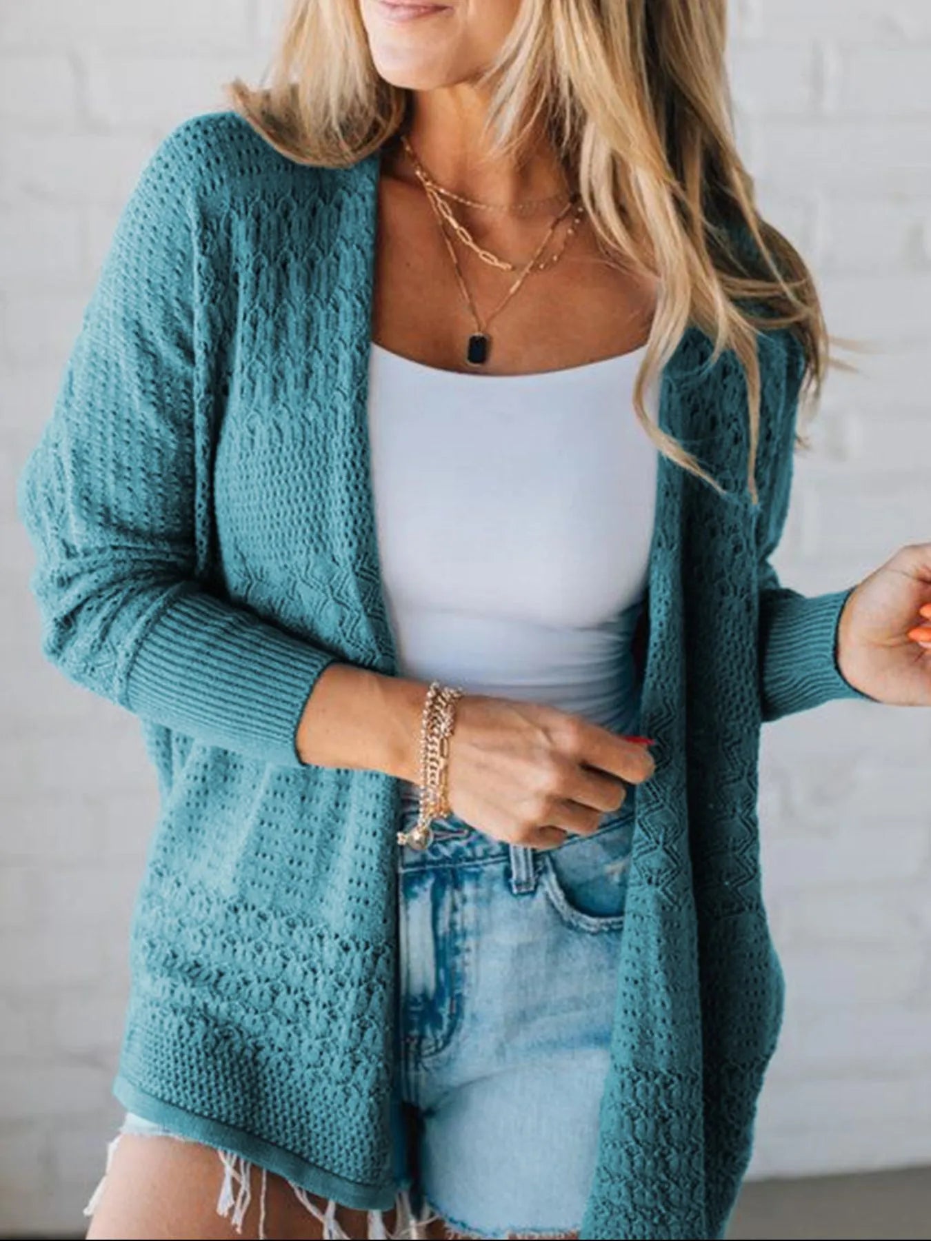 Open Front Knitted Cardigan with Eyelet Details