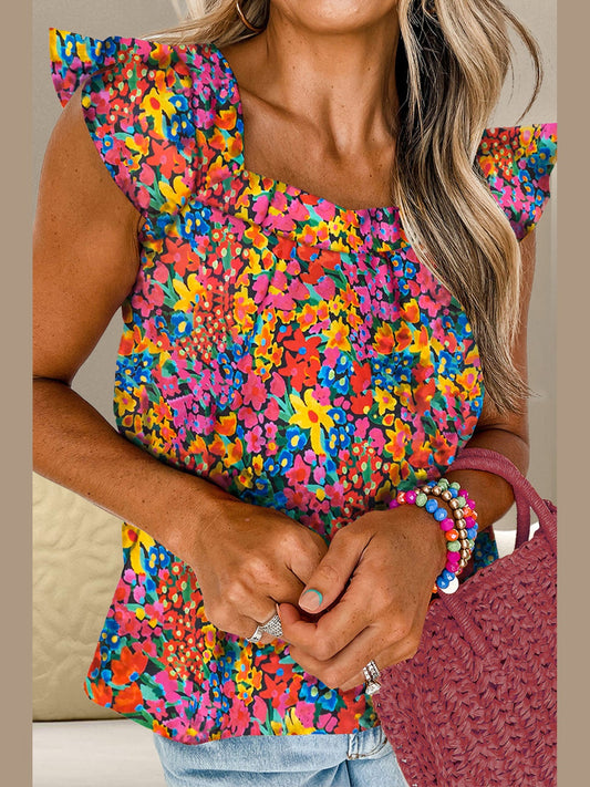 Tied Printed Square Neck Cap Sleeve Blouse