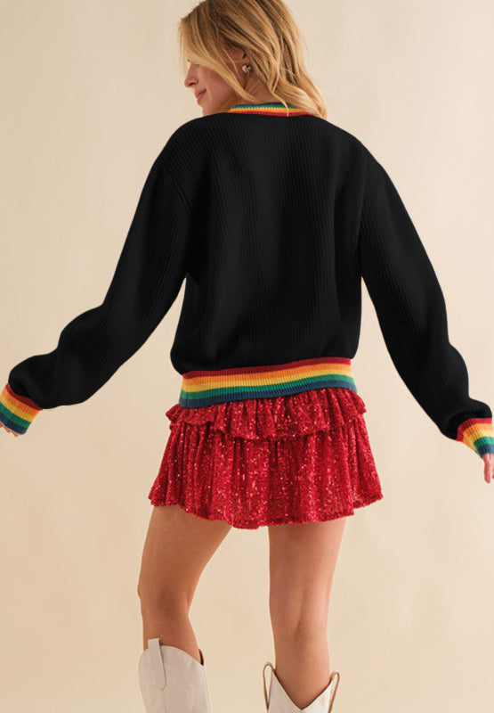 NicholesGifts Women Merry & Bright Ribbed Round Neck Christmas Sweater NicholesGifts