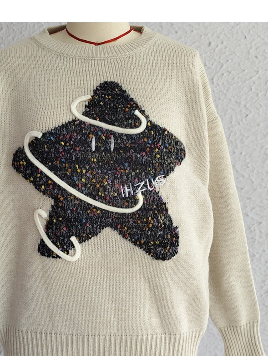 Contrast Star Round Neck Long Sleeve Sweater