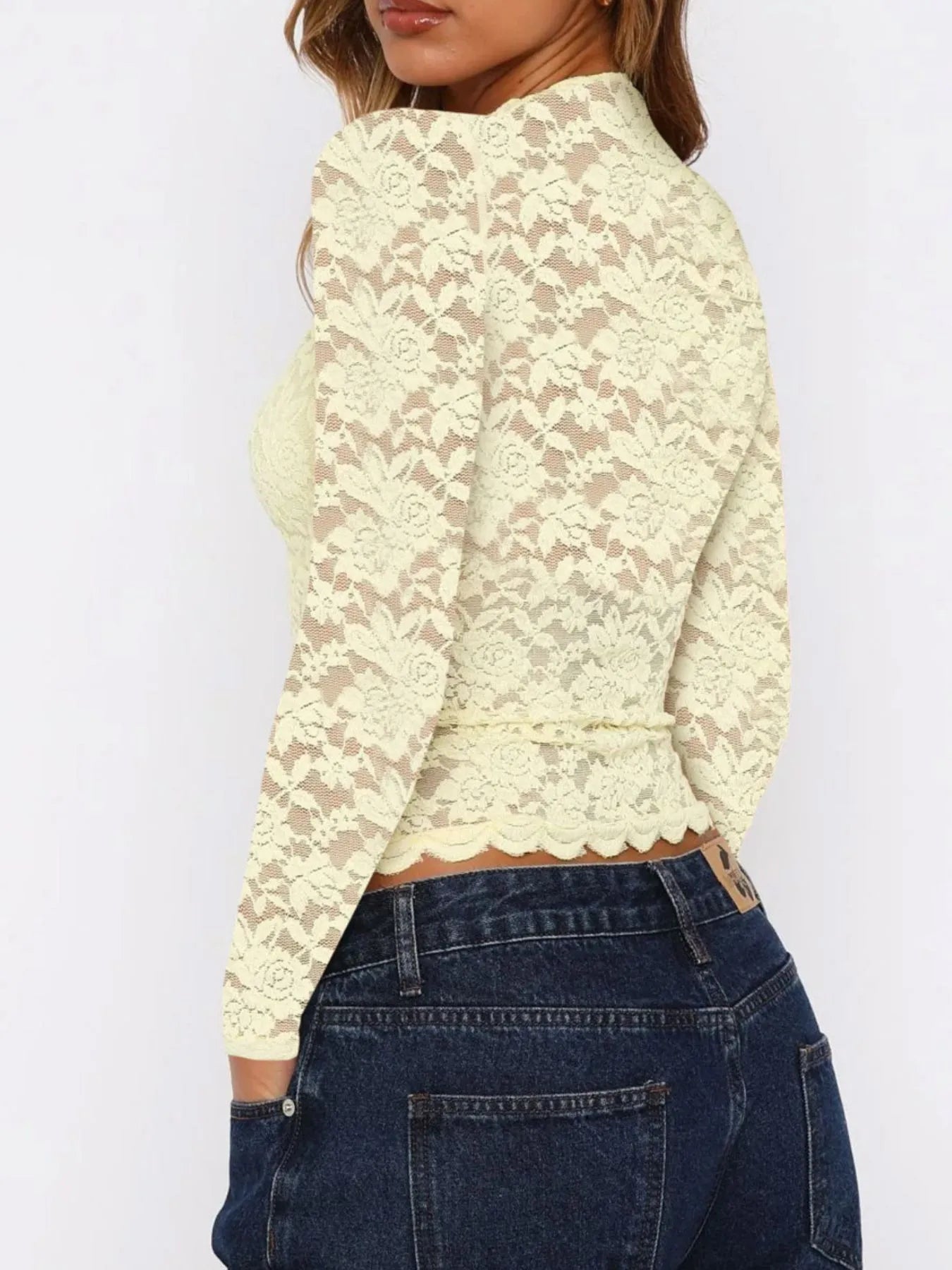 Floral Lace Long Sleeve Deep V-Neck Blouse with Scalloped Hem NicholesGifts