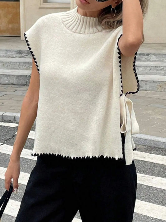 Ribbed Turtleneck Sweater Vest with Contrast Trim Trendsi