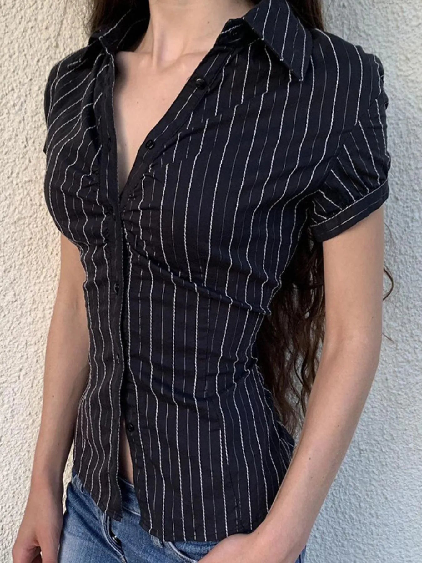 Striped Button-Down Collared Neck Shirt Trendsi