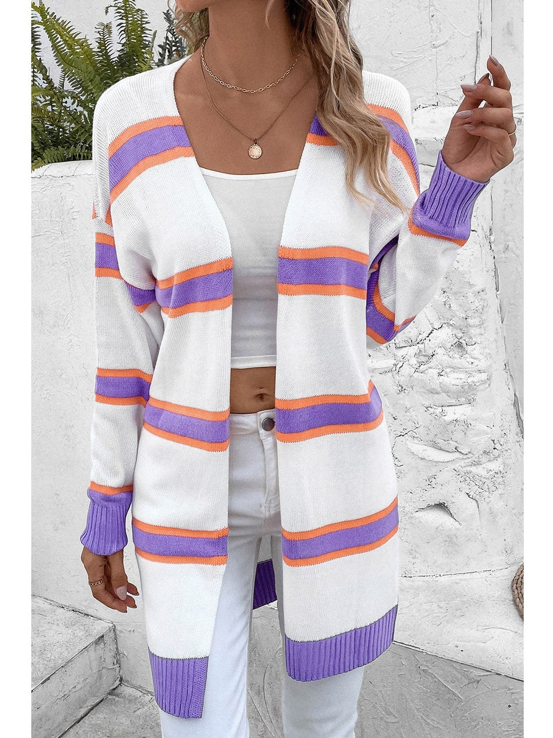 Women Striped Dropped Shoulder Cardigan nicholesgifts