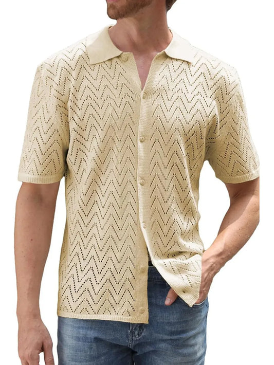 Men's Full Size Openwork Button Down Short Sleeve Shirt Plus Size NicholesGifts