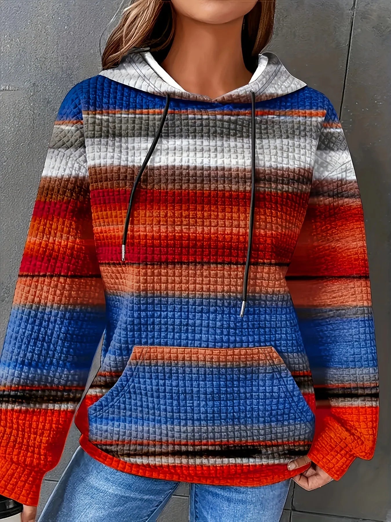 Drawstring Striped Kangaroo Pocket Hoodie