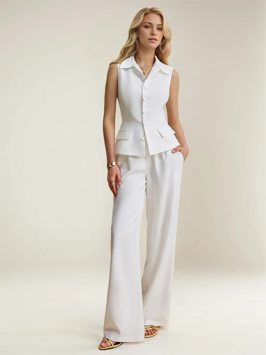 Button Up Vest and Pants Suit Set Trendsi