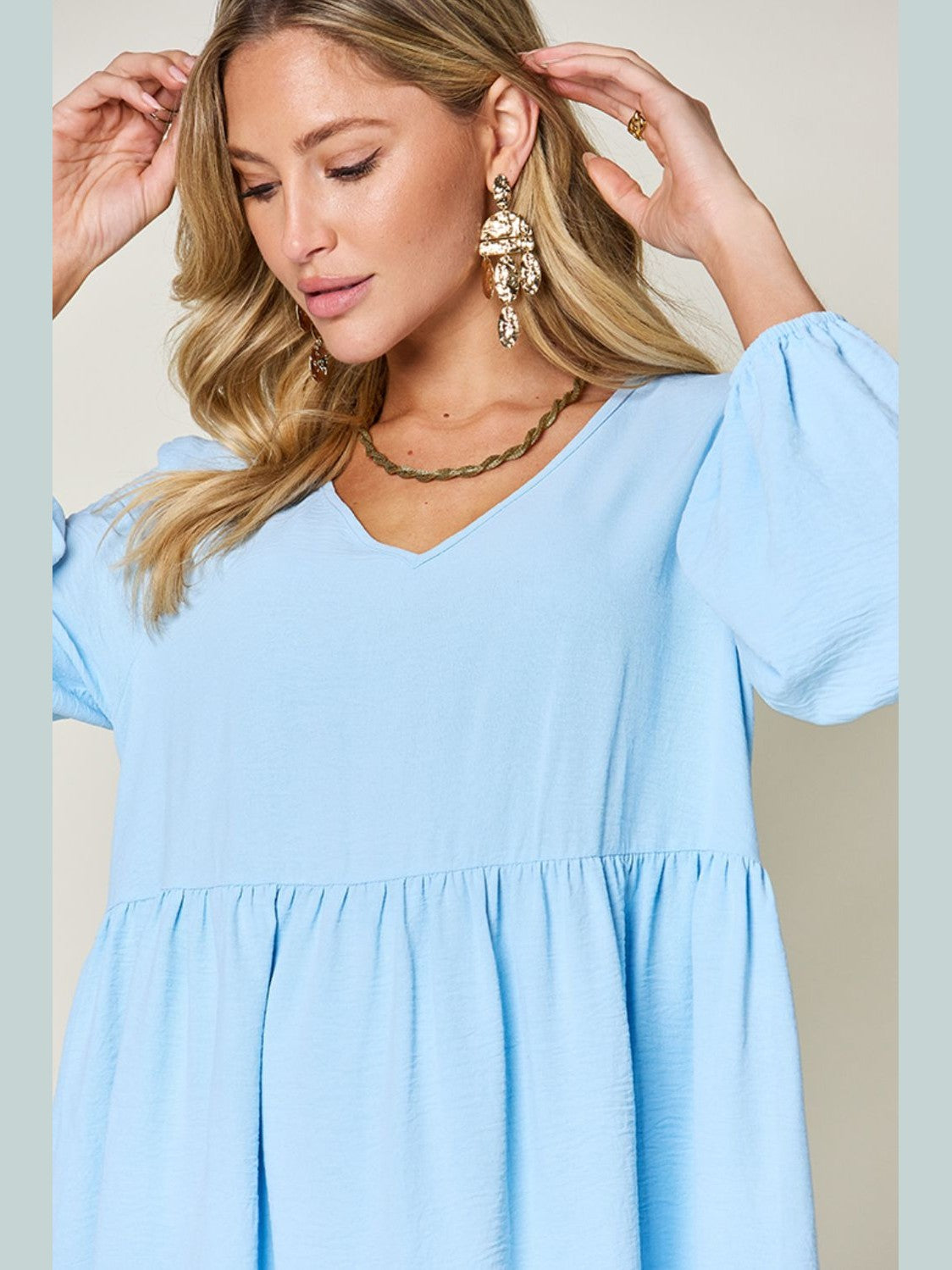 Double Take Full Size V-Neck Balloon Sleeve Tiered Dress