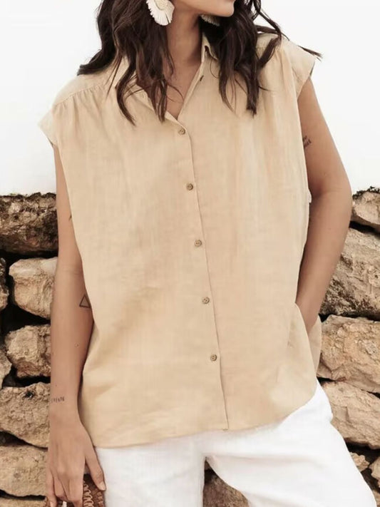 Women Button Up Collared Neck Cap Sleeve Shirt