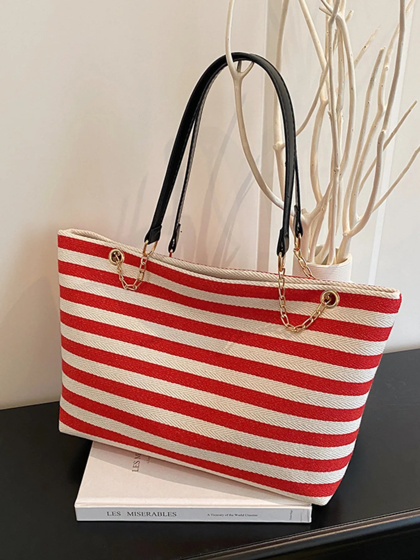 Striped Shoulder Bag with Chain Detail Trendsi