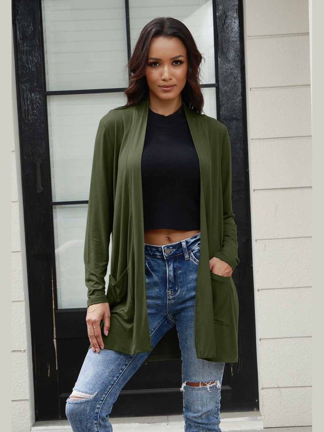 NicholesGifts Women Basic Bae Full Size Open Front Long Sleeve Cardigan with Pockets
