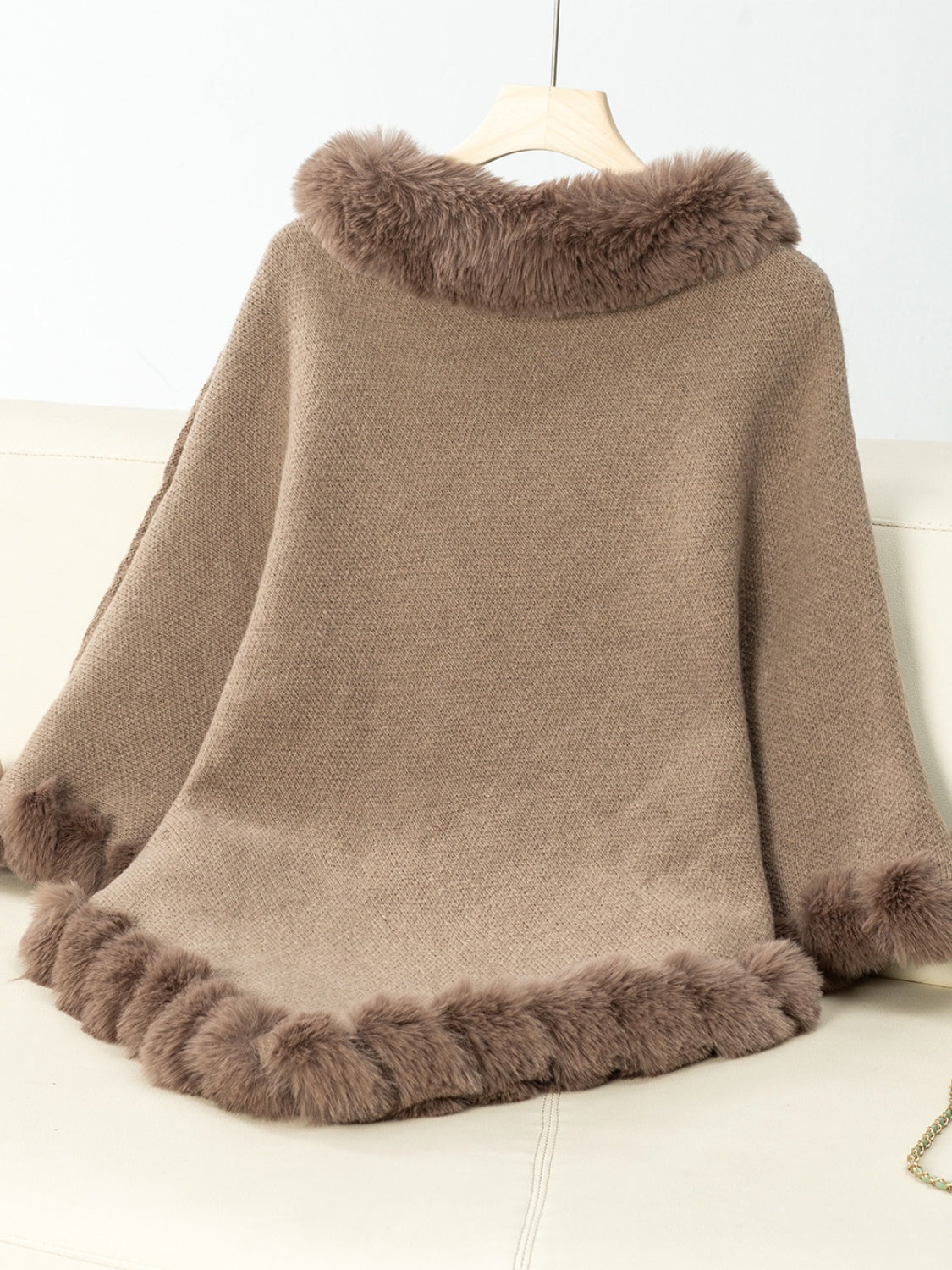 NicholesGifts Women Fuzzy Trim Texture Three-Quarter Sleeve Poncho NicholesGifts