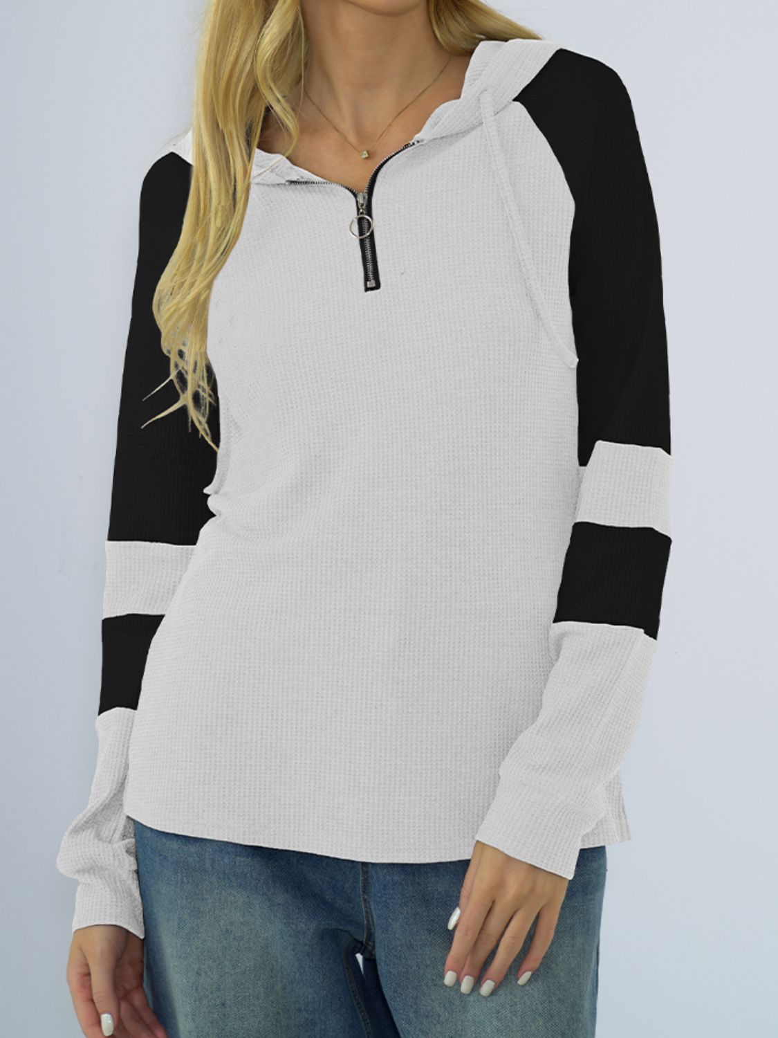 NicholesGifts Women Shiny Waffle-Knit Raglan Sleeve Zipper Front Hoodie NicholesGifts