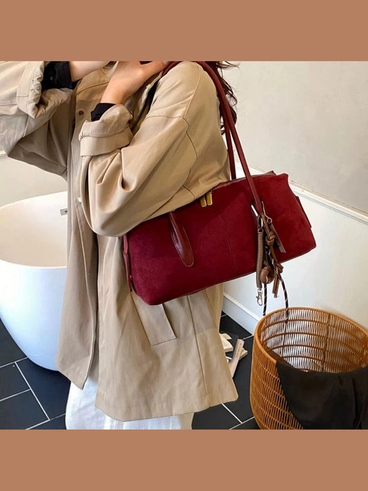 Elegant Suede Shoulder Bag with Pendant nicholesgifts