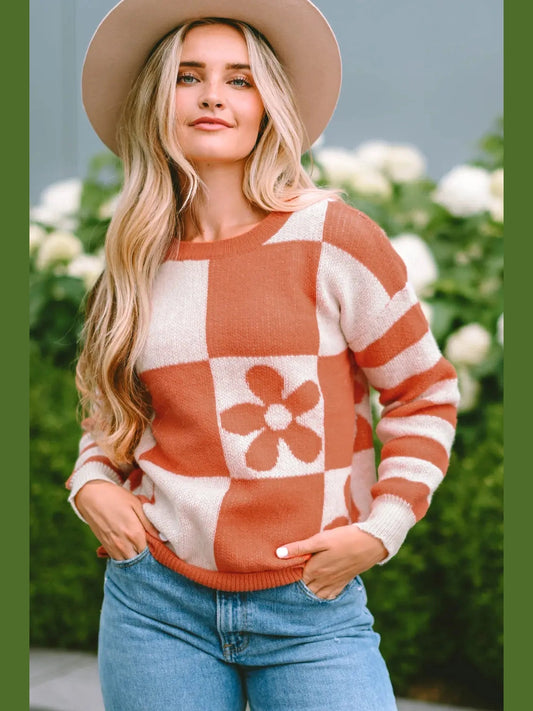 Contrast Round Neck Long Sleeve Sweater Trendsi