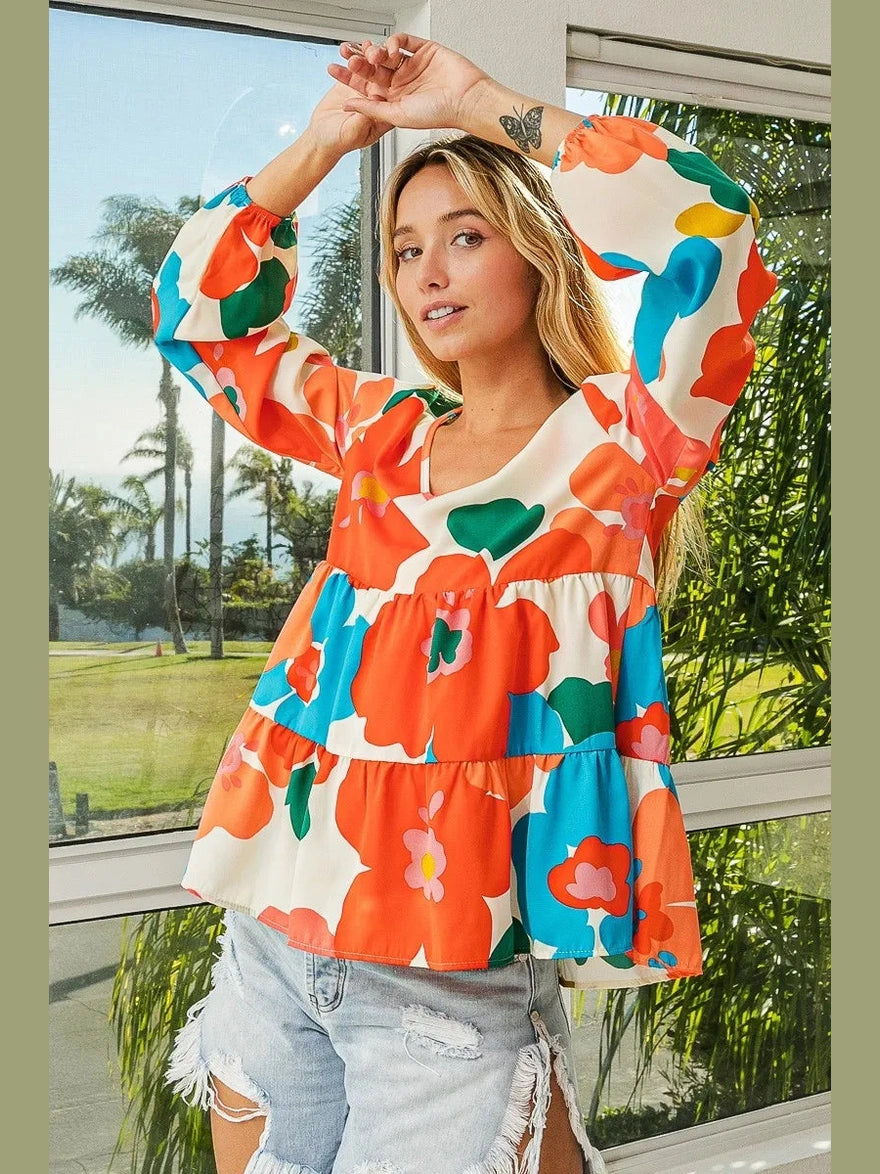 BiBi Floral Woven Tiered V Neck Top