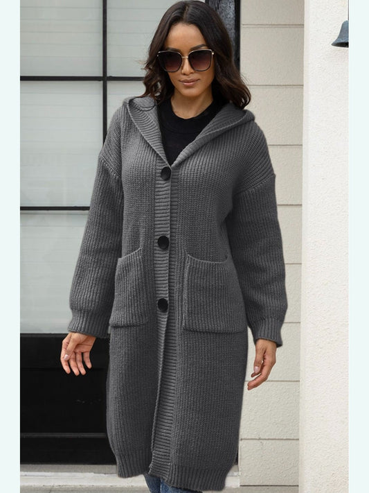 Women Button Up Long Sleeve Hooded Cardigan with Pockets NicholesGifts