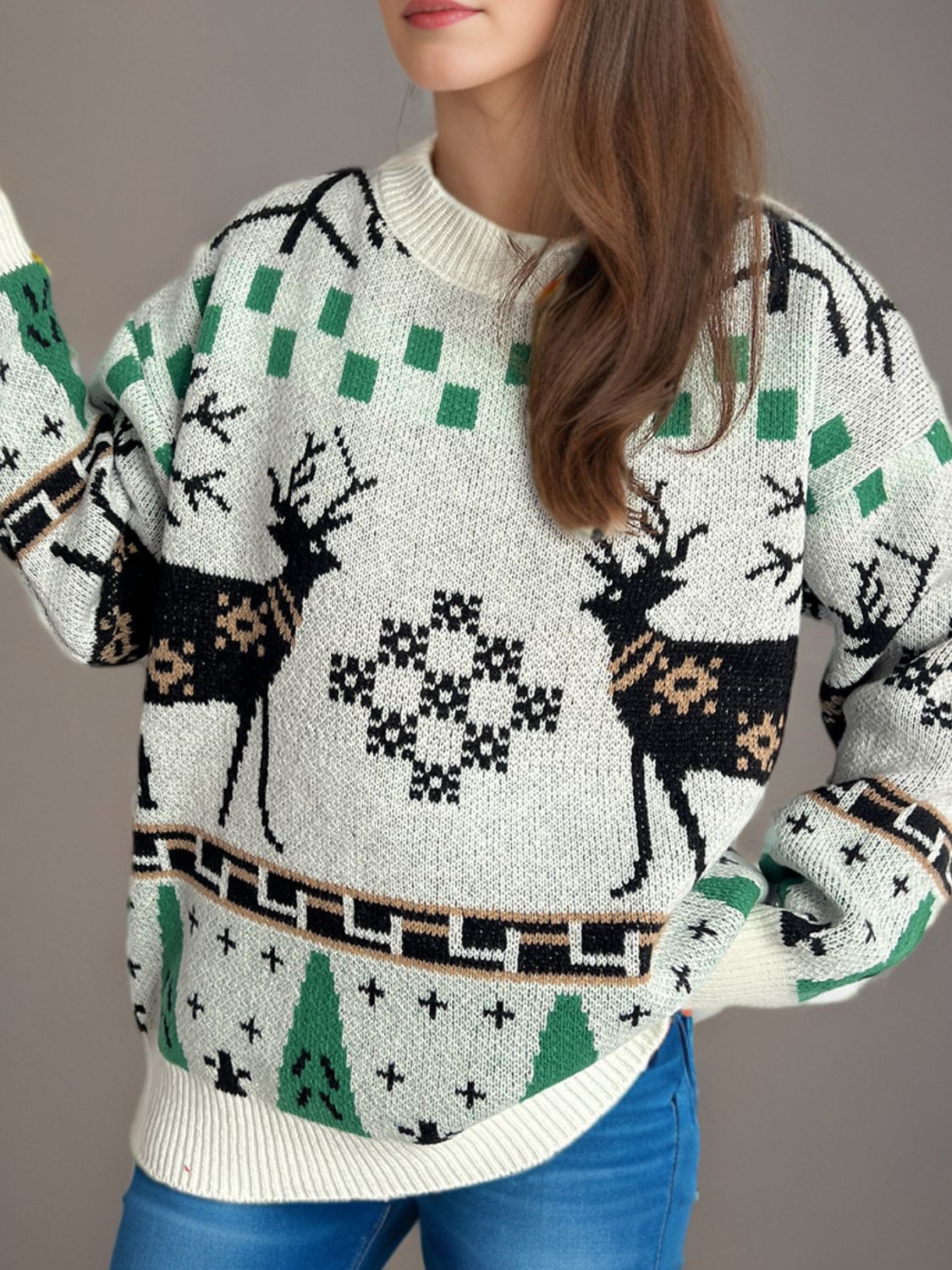 Christmas Element Round Neck Long Sleeve Sweater NicholesGifts