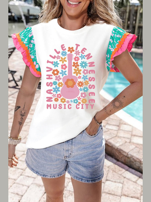 Ruffled Round Neck Cap Sleeve Top