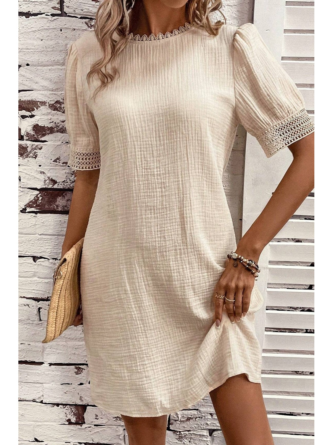 NicholesGifts Women Lace Detail Round Neck Short Sleeve Mini Dress NicholesGifts