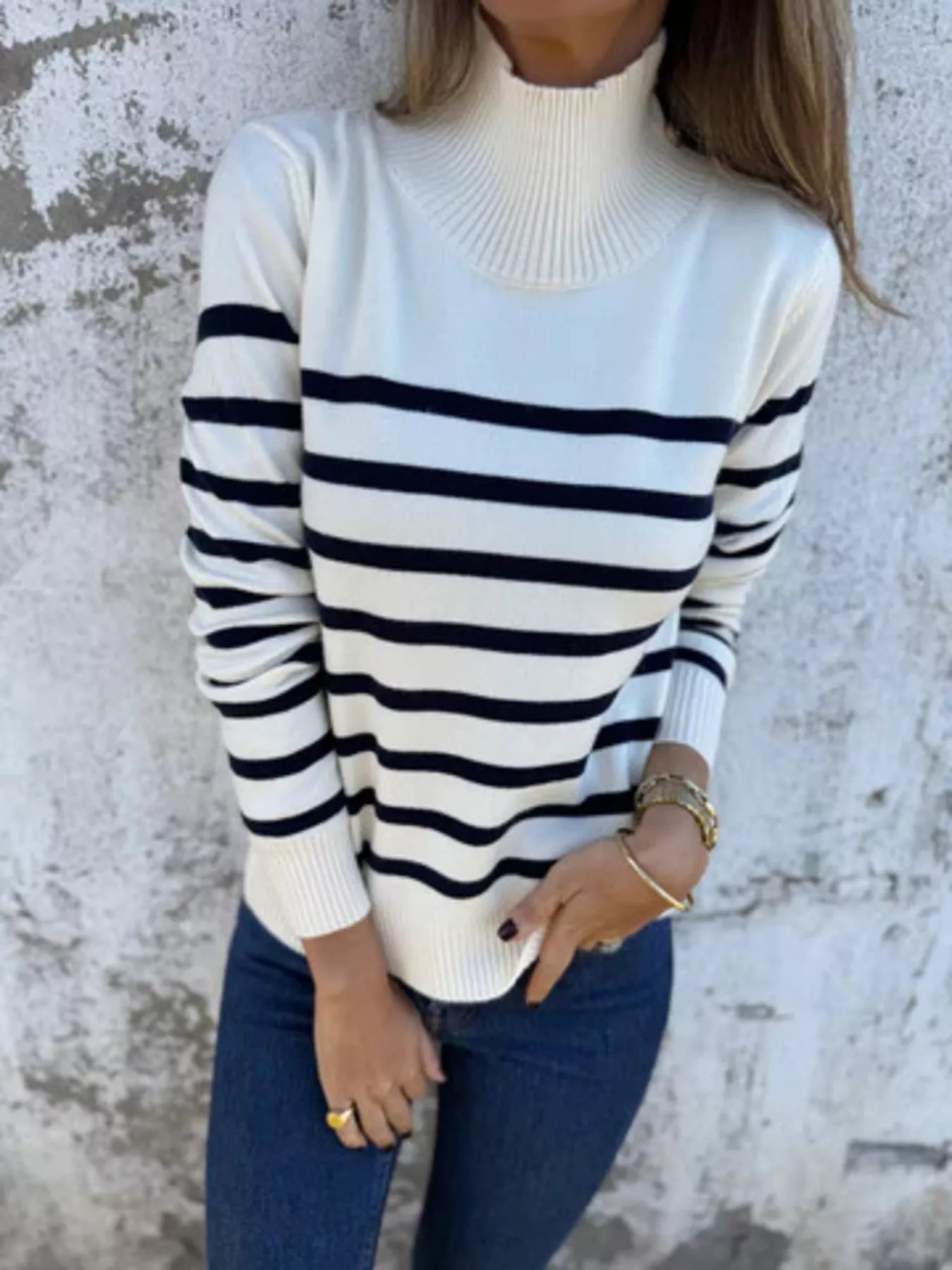 Full Size Striped Turtleneck Long Sleeve Sweater Plus Size Trendsi