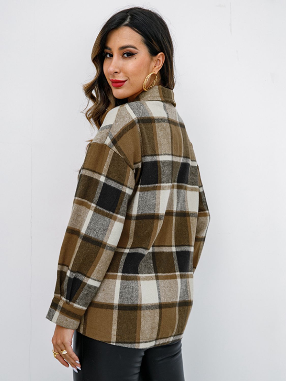 Shiny Plaid Button Up Collared Neck Jacket NicholesGifts