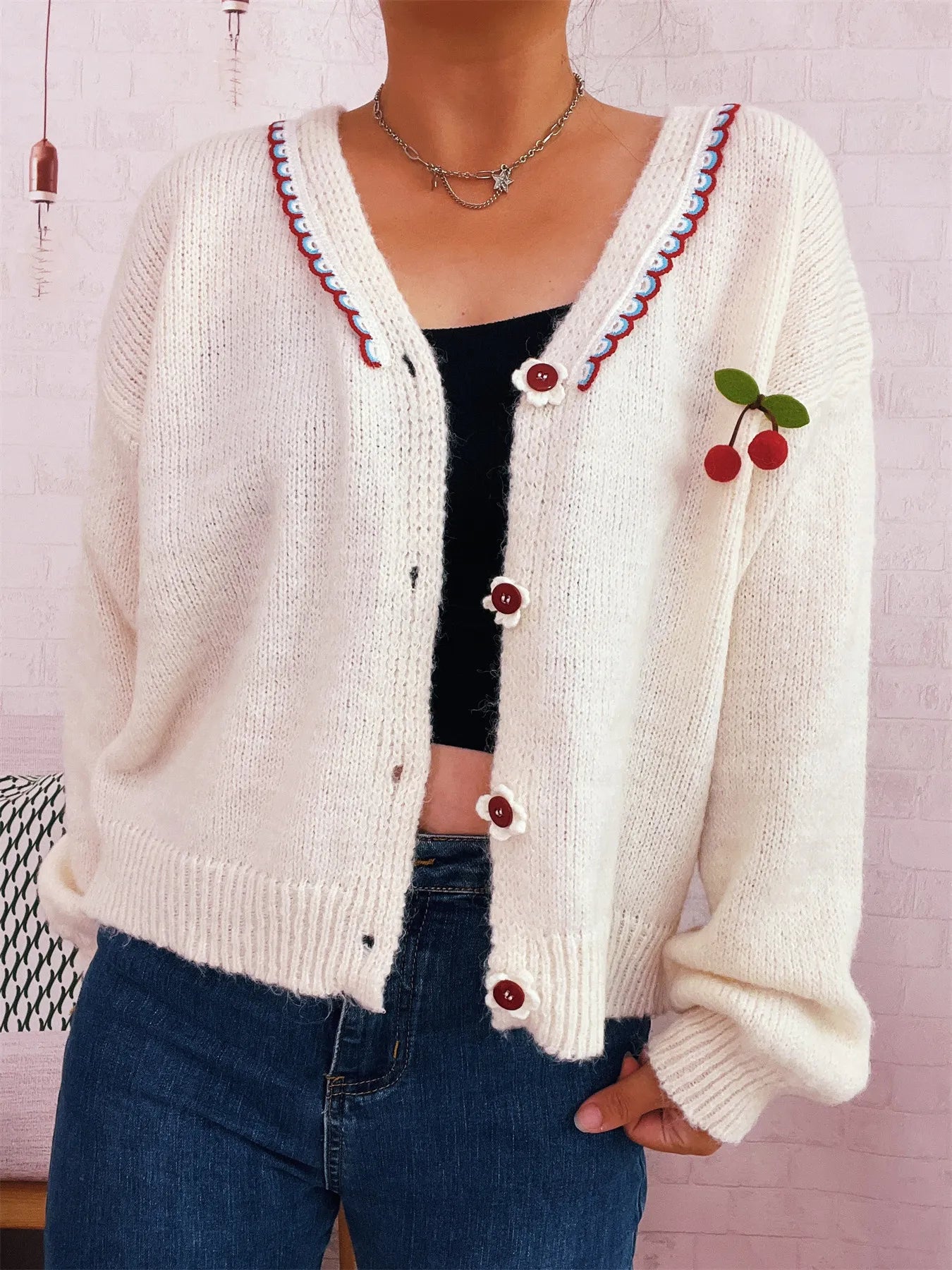Cherry Button-Front Long Sleeve Cardigan