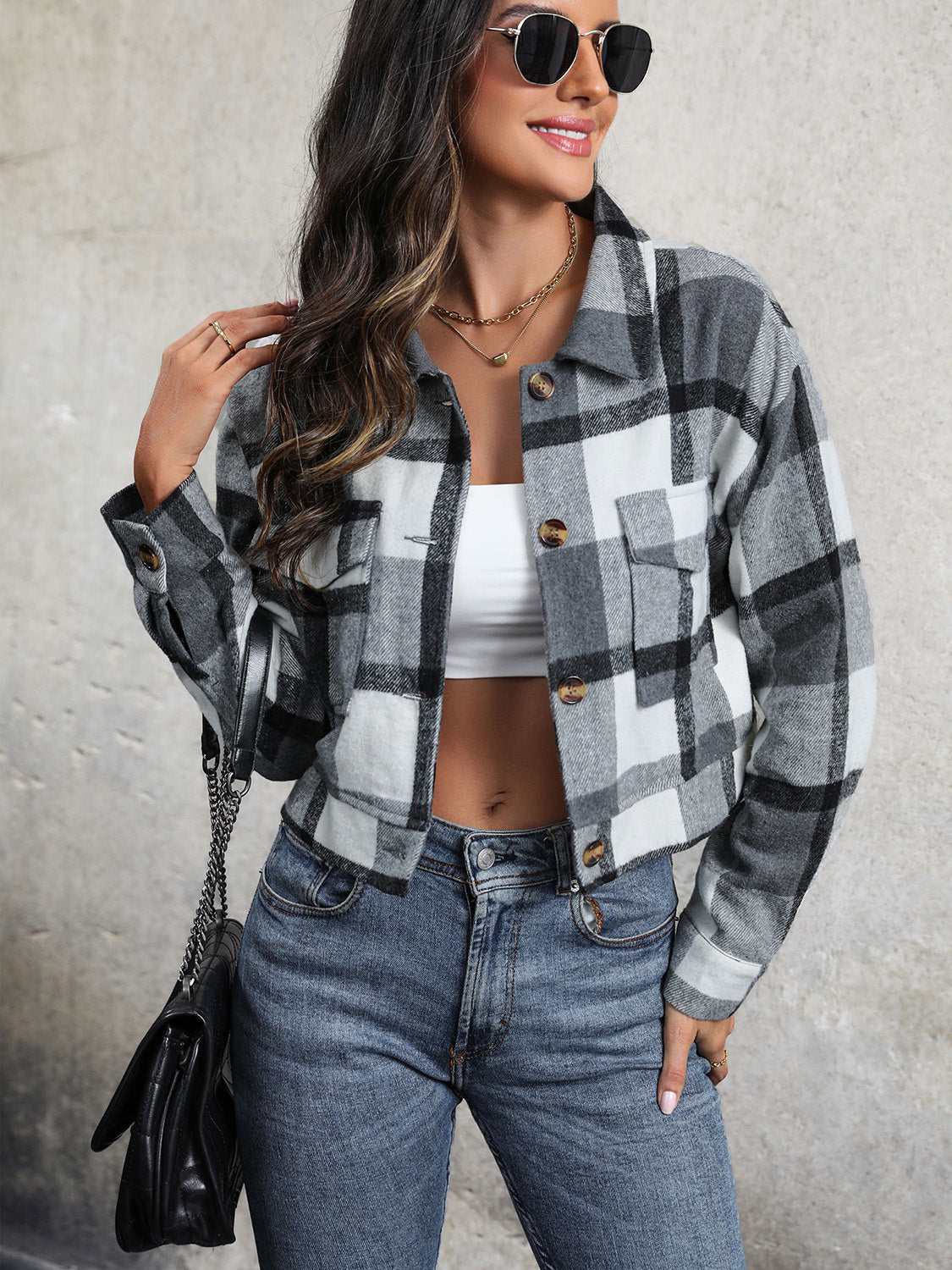 Perfee Plaid Button Up Drop Shoulder Cropped Jacket NicholesGifts