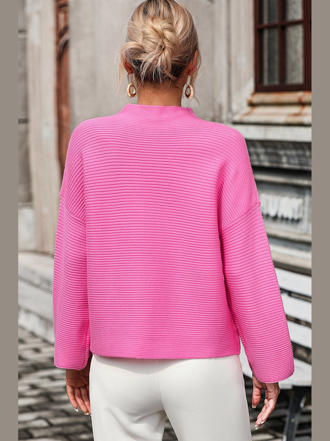 Women Mock Neck Dropped Shoulder Pullover Sweater NicholesGifts