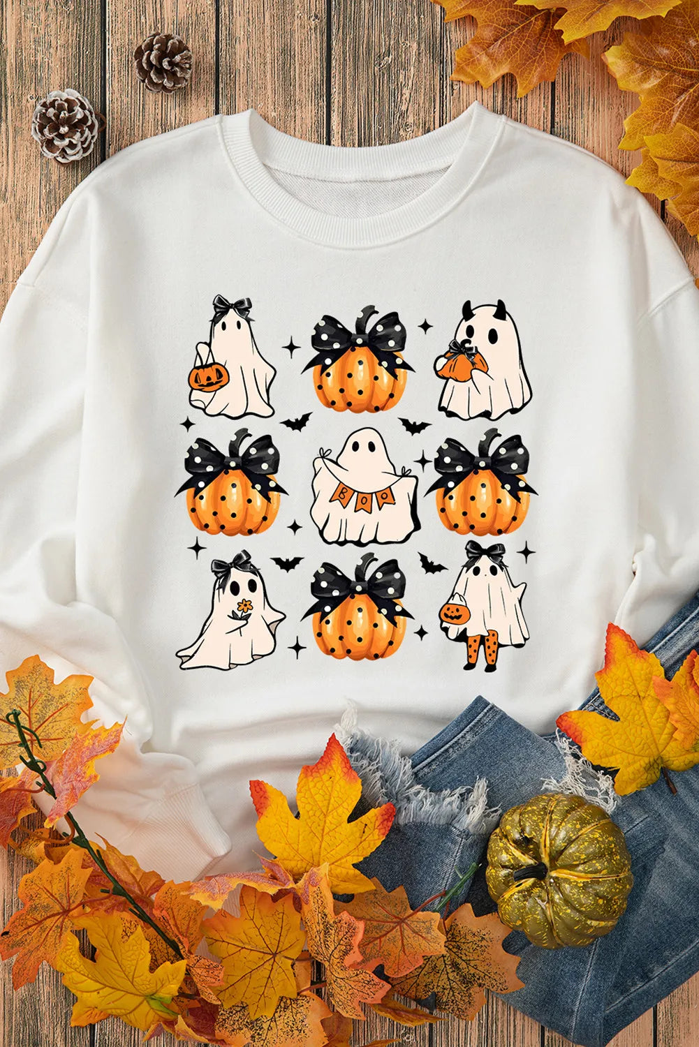 Pumpkin & Ghost Round Neck Long Sleeve Sweatshirt nicholesgifts