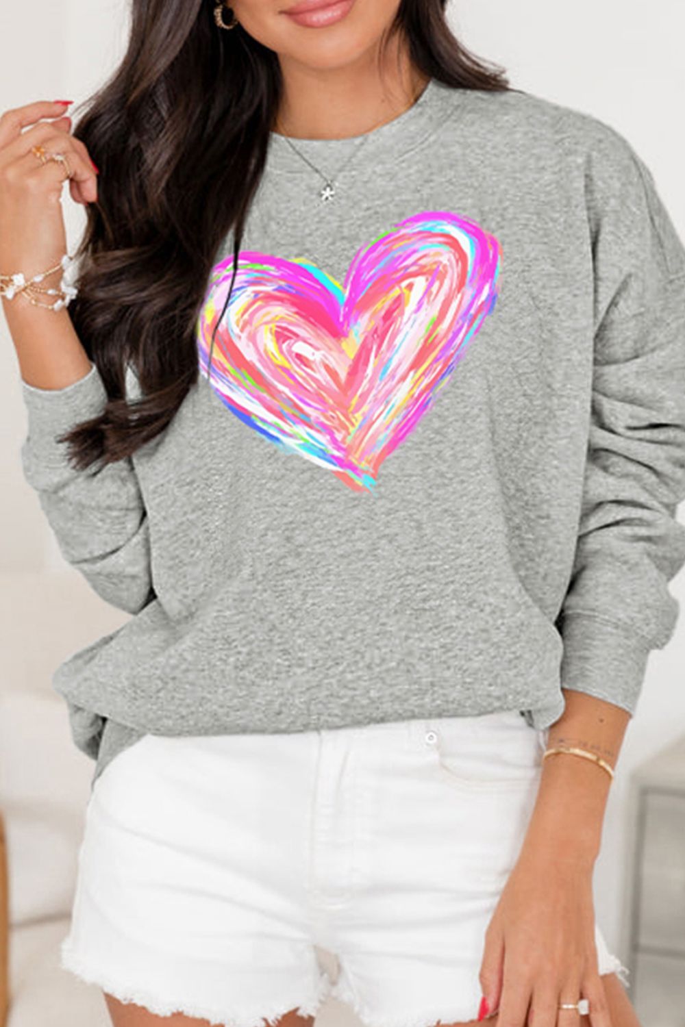Women Valentine’s Day Heart Round Neck Drop Shoulder Sweatshirt NicholesGifts