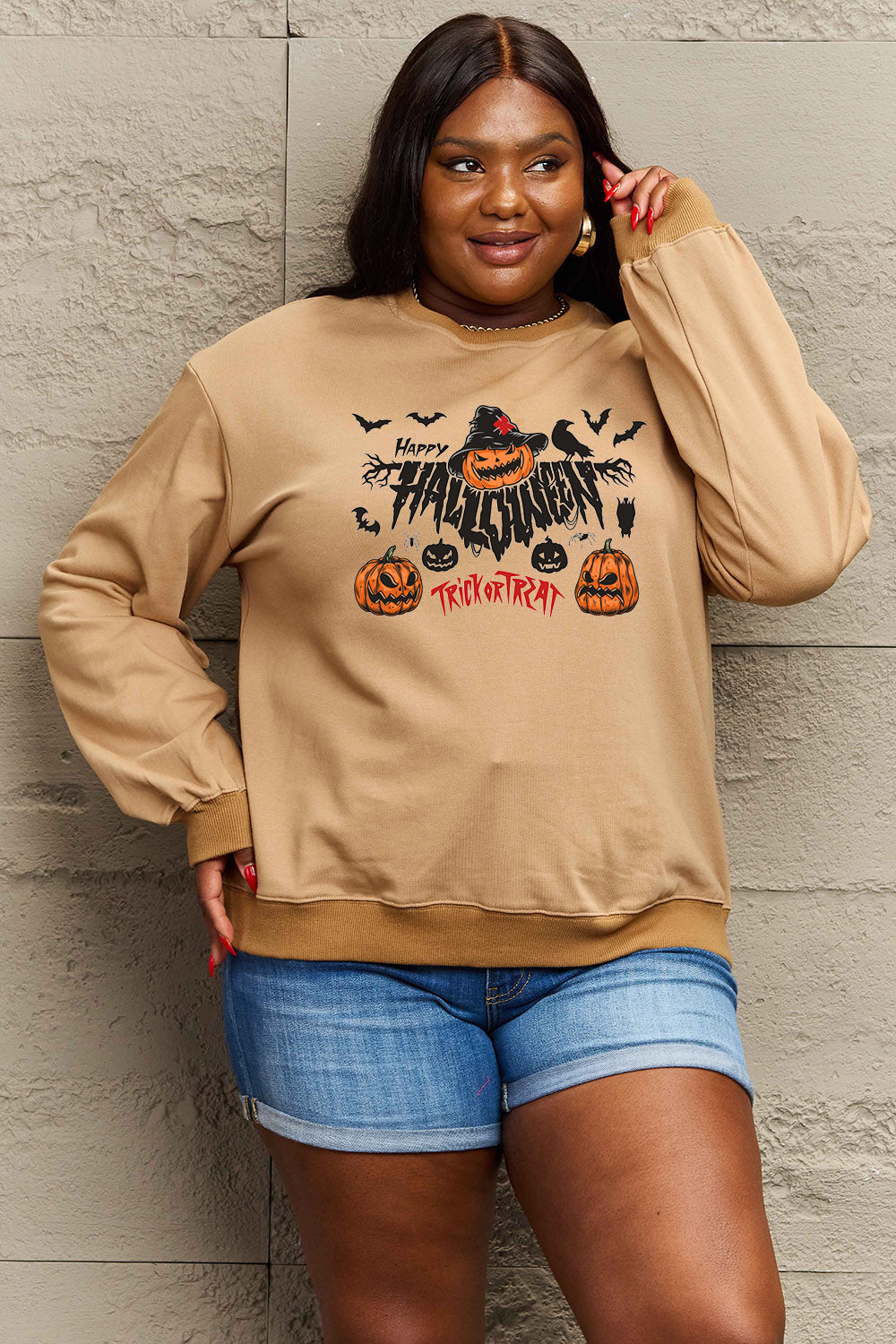 Women Simply Love Full Size Happy Halloween Trick or Treat Graphic Sweatshirt NicholesGifts
