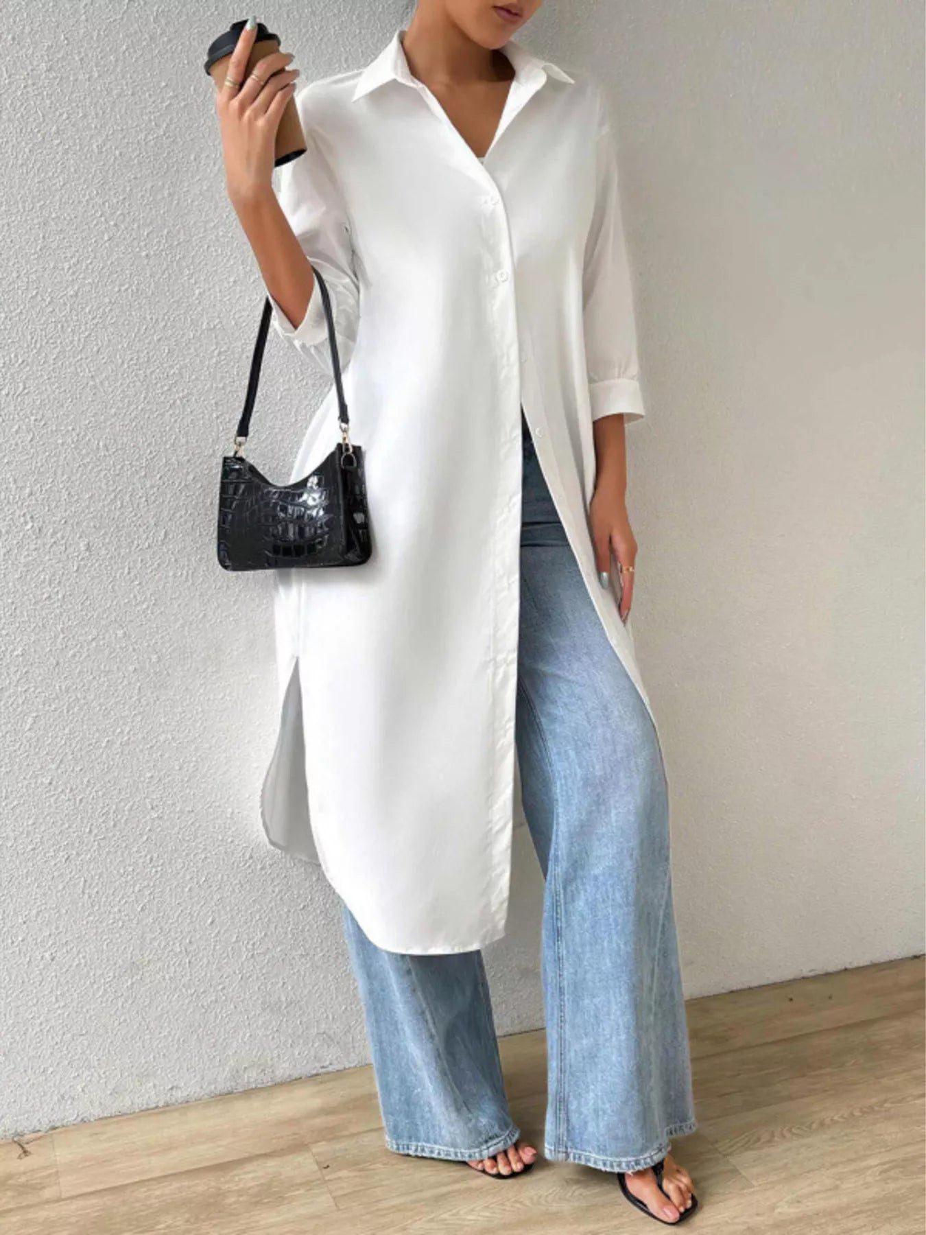 Button-Up Long Sleeve Longline Shirt