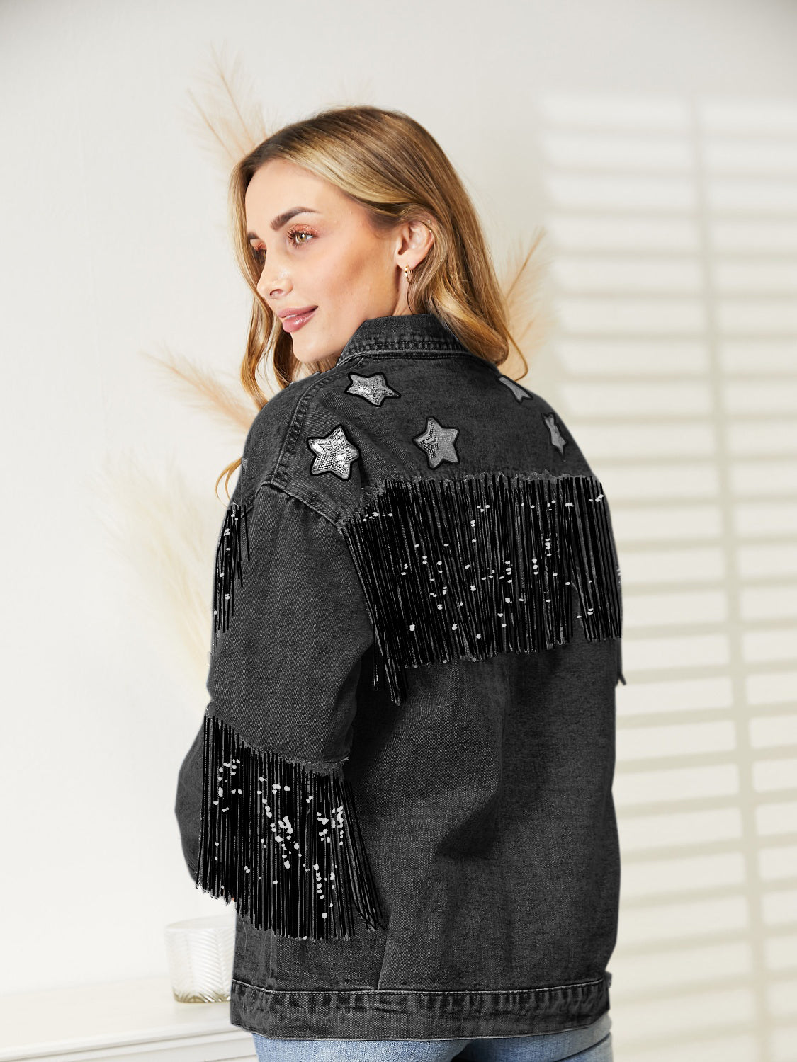 Fringe Detail Long Sleeve Denim Jacket nicholesgifts