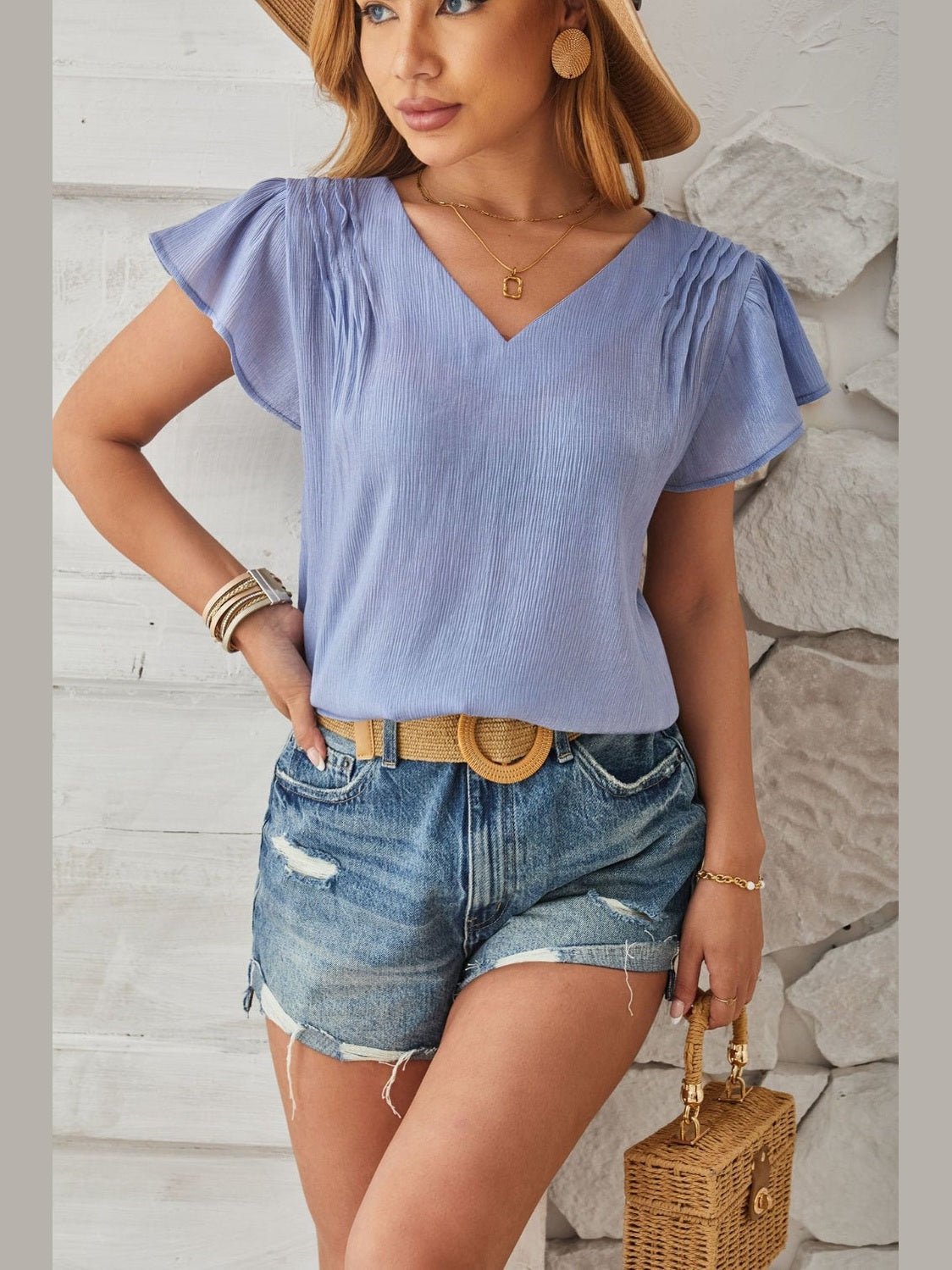 Ruched V-Neck Flounce Sleeve Blouse NicholesGifts