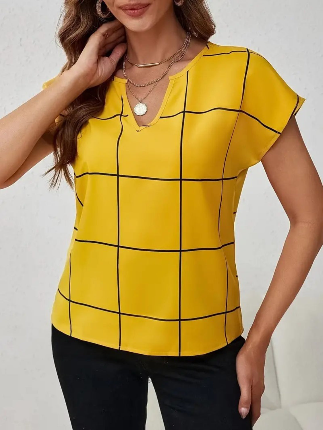 Women Plaid Contrast Notched Blouse NicholesGifts