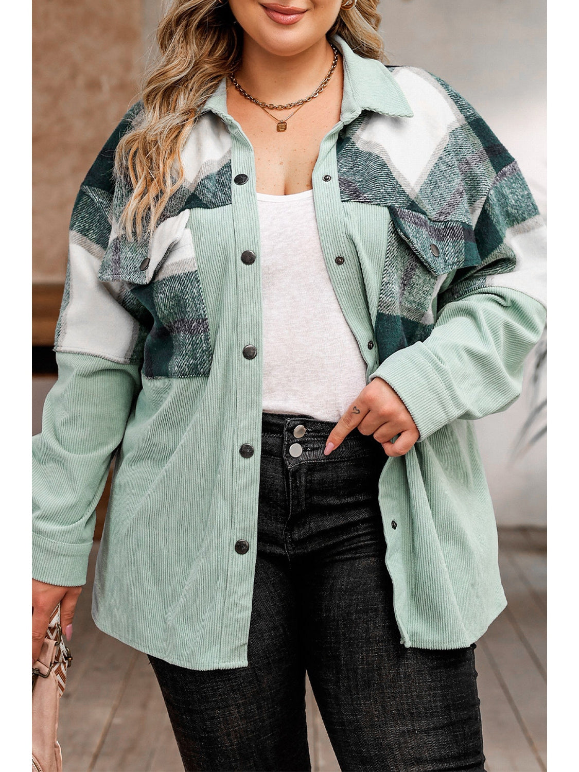 Plus Size Women Plaid Snap Down Jacket with Pockets NicholesGifts