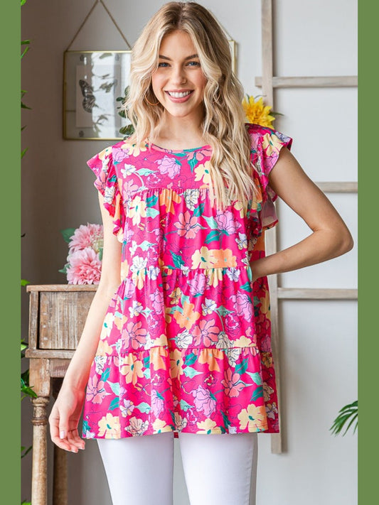 Heimish Full Size Floral Ruffle Sleeve Tiered Blouse NicholesGifts