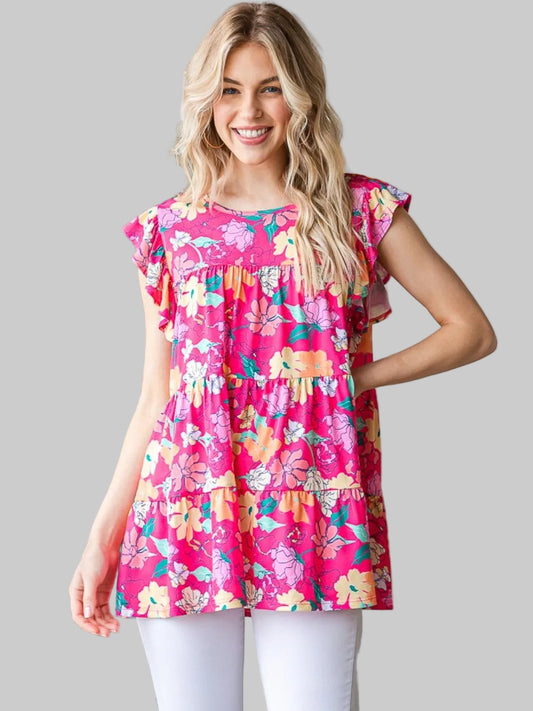 Heimish Full Size Floral Ruffle Sleeve Tiered Blouse nicholesgifts